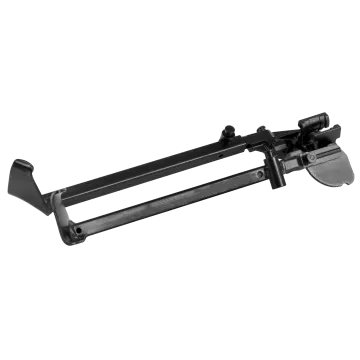 M14 Bipod in black steel showing folded position with dual legs, gas block clamp mount, and rubber feet
