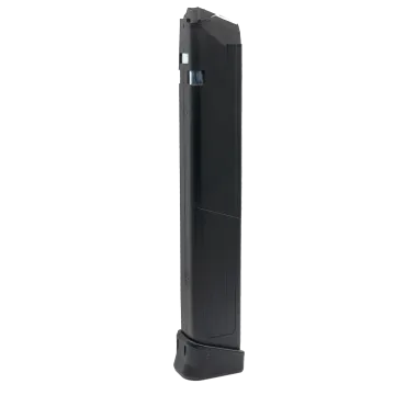 SGM Tactical Glock 40 S&W 31 round magazine rear view showing smooth black polymer body spine, SGM Tactical branding, and base pad