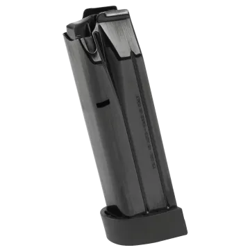 Beretta PX4 Storm Magazine 45 ACP 10 round alternate angle showing black steel body, stainless feed lips, witness hole, magazine catch slot, and floor plate