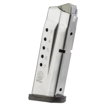 Smith and Wesson M&P Shield Magazine in 9mm 7 round capacity with stainless steel body, numbered witness holes 3 through 7, S&W logo, 9mm marking, and polymer floor plate