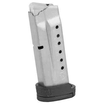 Smith and Wesson M&P Shield Magazine in 9mm 8 round extended capacity with stainless steel body, witness holes, S&W logo, magazine catch slot, and extended polymer finger rest floor plate
