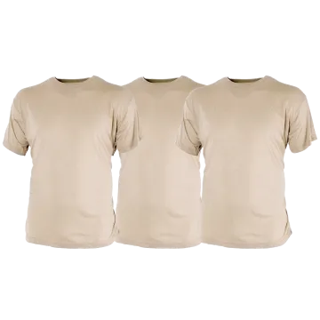 US Army Moisture Wicking Shirt 3 pack in sand tan showing three crew neck short sleeve shirts side by side
