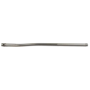 AR-15 Pistol Length Gas Tube in stainless steel showing full tube length, bent gas port end, roll pin hole, and polished finish