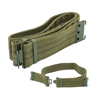 East German UTV Combat Belt showing coiled view with metal buckle and hook hardware, and extended flat view showing full belt length, OD green canvas webbing, and adjustment holes