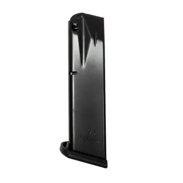 Mec-Gar Beretta 96 13-round magazine right side showing black steel body, Mec-Gar logo, feed lips, and flush fit floor plate