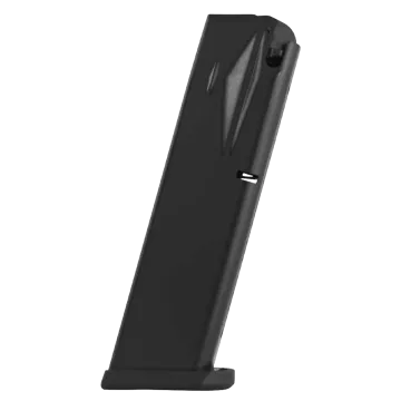 Mec-Gar Beretta 96 13-round magazine left side showing black steel body, feed lips, magazine catch notch, and flush fit floor plate