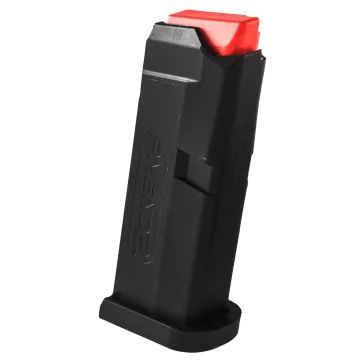 Amend2 Glock 42 magazine in black right side showing polymer body, Amend2 branding, orange high-visibility follower, magazine catch notch, and flush fit floor plate