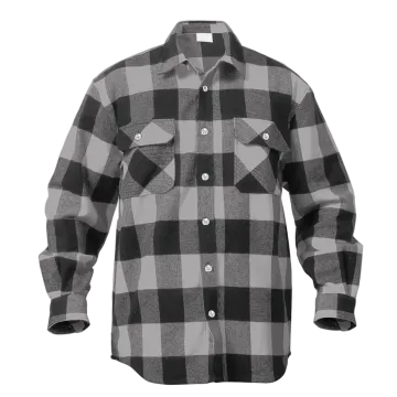 Rothco extra heavyweight buffalo plaid flannel shirt in grey and black, front view with chest pockets and button closure.