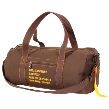 Angled view of brown canvas equipment bag with vintage military stencil, orange stitching, carry handles, and yellow zipper