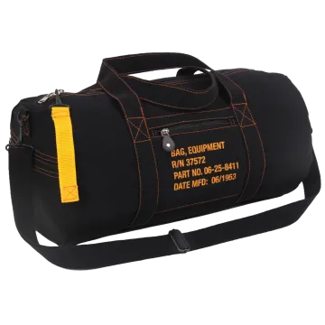 Black canvas equipment bag with orange military stencil markings, contrast stitching, yellow zipper pull, and shoulder strap