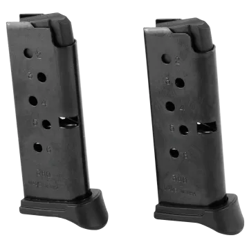 Ruger LCP .380 ACP 6-round magazine 2-pack, black steel mags with finger rest floorplate, witness holes front view