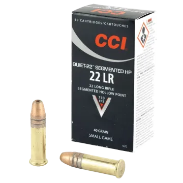 CCI Quiet-22 Segmented HP 22 LR box of 50 with two loose brass cartridges, 40 grain small game