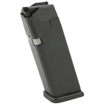 Glock 21 .45 ACP 10-round black polymer magazine front angle showing witness holes and floor plate