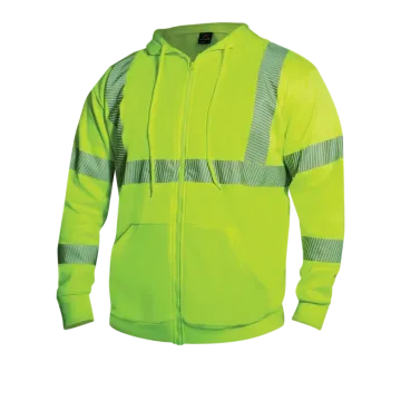 Hi-Viz safety green zippered hooded sweatshirt, front view with reflective segmented stripes and full-zip closure