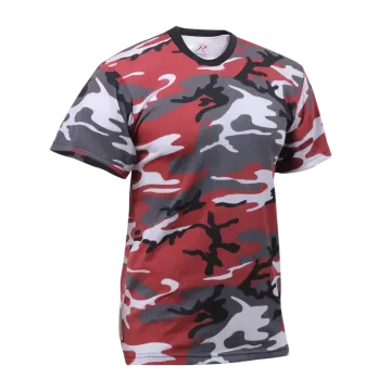 Red camouflage t-shirt straight front view, crew neck short sleeve military style tee in red white gray black