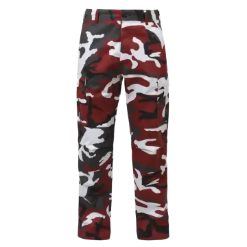 Red camo BDU pants back view with rear pockets, military cargo trousers in red white gray black camouflage