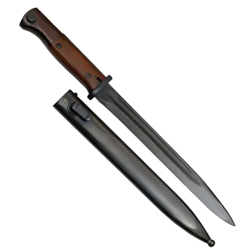 German WWII K98 bayonet with black blade, wood handle, and steel scabbard displayed side by side