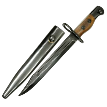 Jungle Carbine Bayonet with wood handle and muzzle ring beside polished steel scabbard, full view