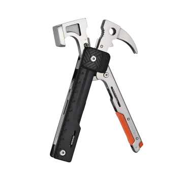 Rhino Hammer Multitool folded front view with black handle, ruler markings and fanned-out tools
