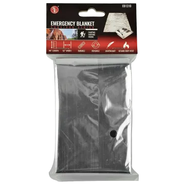 SE Survivor Series EB1310 emergency blanket retail package showing specs: 84in x 52in, reusable, lightweight, retains body heat