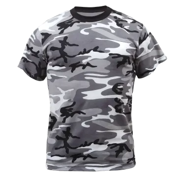 Rothco City Camo t-shirt front flat lay, black white gray urban camouflage crew neck short sleeve tee