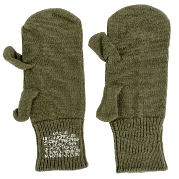US Military wool trigger finger mitten liners, olive drab green pair with ribbed cuffs and separate trigger finger