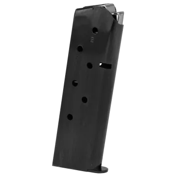 Mec-Gar Colt 1911 blued steel 7-round magazine, front view with witness holes and follower