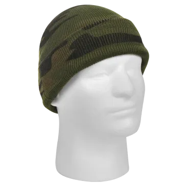 Deluxe Watch Cap in Woodland Camo displayed on mannequin head, knit acrylic beanie with green brown black camo pattern