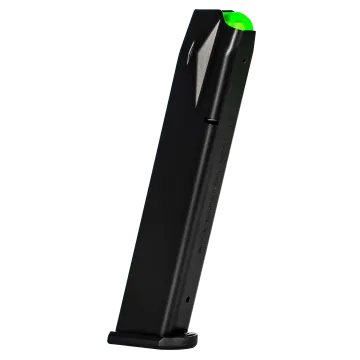 Mec-Gar Beretta 92FS 26-round magazine with black AFC anti-friction coating and green follower, front angled view