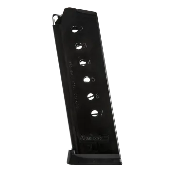 Act-Mag 1911 45ACP 7-round blued steel magazine, front angled view with numbered witness holes and Armscor branding