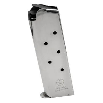 Ruger SR1911 7-round .45 ACP stainless steel magazine front view with witness holes and Ruger logo