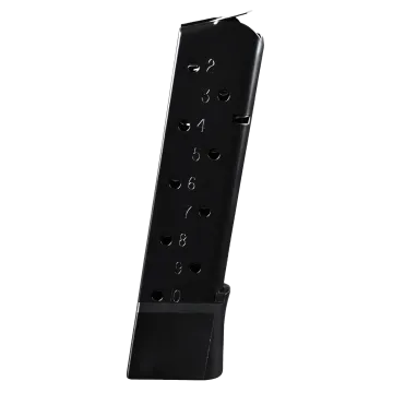 Checkmate 1911 10-round .45 ACP black magazine, angled view with numbered witness holes and base pad