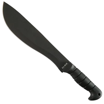 Ka-Bar Cutlass Machete main angled view, black blade and full tang Kraton handle with hooked pommel.