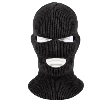 Black three hole face mask knitted balaclava front view on mannequin with visible eye and mouth holes
