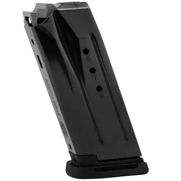 Ruger Security-9 Compact 10-round 9mm Luger magazine angled right side showing witness holes and factory base plate.