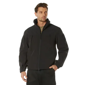 Front view of Rothco Concealed Carry Soft Shell Jacket in black with zippered chest pockets and stand-up collar.