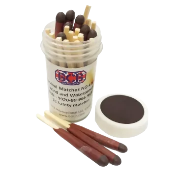 BCB Survival Matches No4 Mk3 open tube with windproof waterproof matches, white striker lid and three matches shown