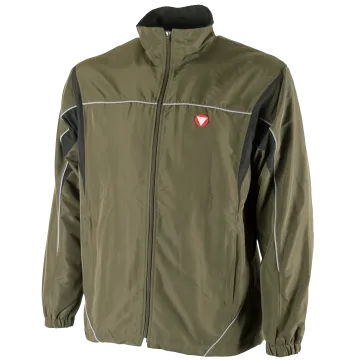 Austrian Army Tracksuit Jacket in olive drab with black panels, full zipper, and reflective piping. Front view.