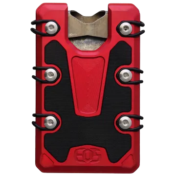 EOS 3.0 Lite Wallet red anodized aluminum front view with black rubber grip panels