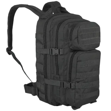 Mil-Tec 1-Day Black Assault Pack front angle view in solid black with MOLLE webbing and dual pockets.