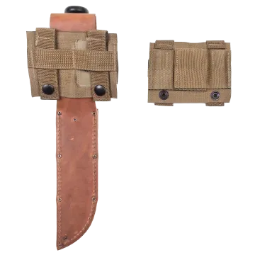 USGI MOLLE KBAR Adapter Coyote shown installed on leather KA-BAR sheath with adapter front angle