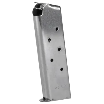Springfield Armory 1911 stainless steel magazine 45 ACP marked side angled with witness holes