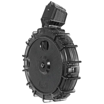 Angled side view of ProMag Ruger 10/22 55-round drum magazine showing black polymer body, feed tower, and loading window.