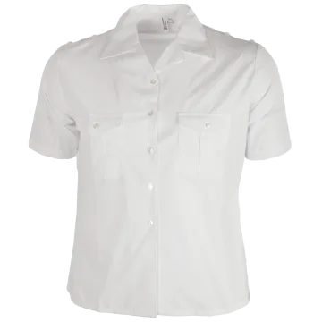French Navy White Toulon Dress Shirt front view with buttoned chest pockets, epaulets, and open collar in white.