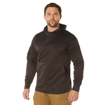 Front torso view of black CCW hoodie with kangaroo pocket and hook-and-loop sleeve patch panels.