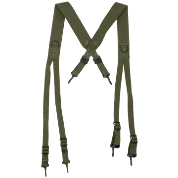 Norwegian Army Suspenders olive drab canvas X-back with metal clips and adjustable straps.