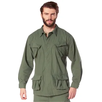 Vintage Vietnam War Fatigue Shirt front in olive drab with four utility pockets, button placket, and military collar.