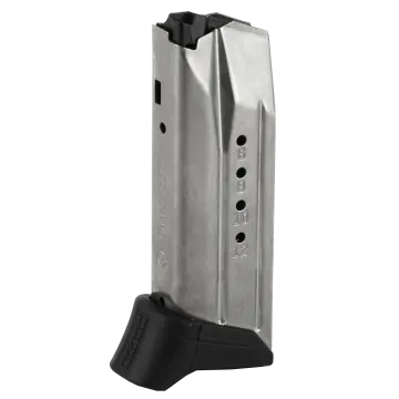 Ruger American Compact 9mm 12-round magazine stainless steel body with black finger extension base plate, right side.