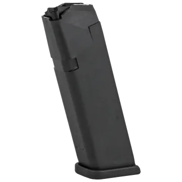 Black Glock 17 15-round magazine full side view with polymer body, witness window, and steel feed lips