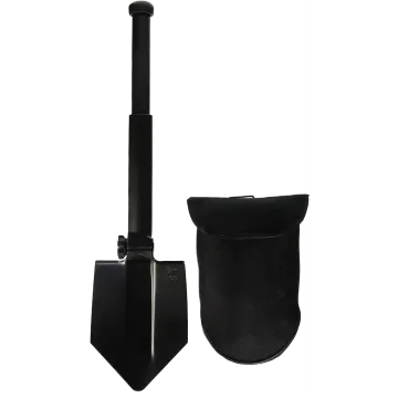 Glock Entrenching Tool with Pouch shown extended next to black nylon carry sheath, displaying extended handle length.